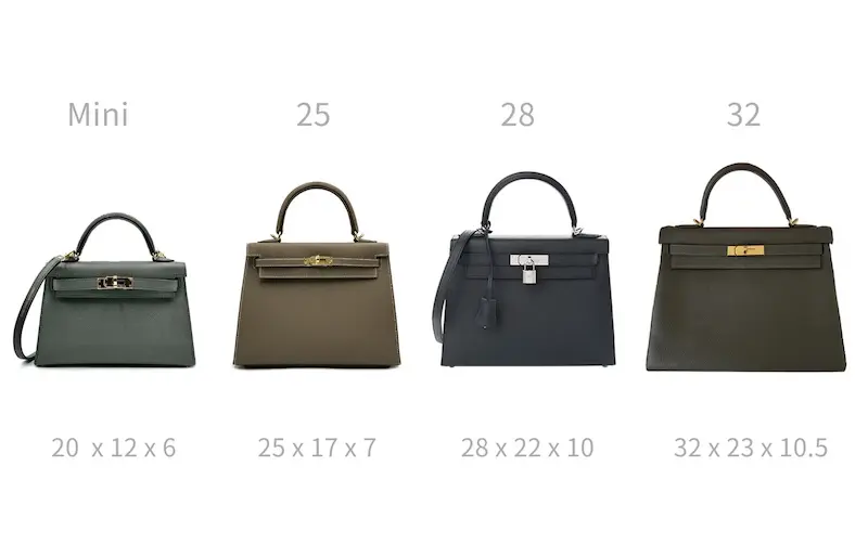 Size comparison chart: Replica Hermes Kelly 19cm vs 25cm vs 28cm bags side-by-side