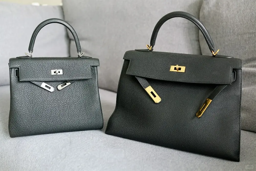 Replica Hermes Kelly 25cm vs 32cm size comparison in Black Togo leather with Silver Hardware