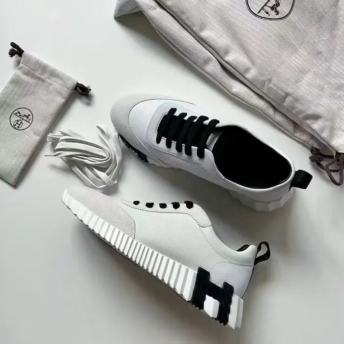 Grey Replica Hermes Bouncing Sneakers with dust bag - premium calfskin texture closeup