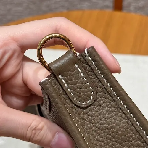Clemence leather texture closeup on Hermes Evelyne replica side panel