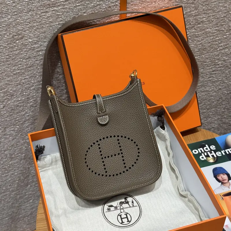 New Etoupe Clemence leather Evelyne TPM replica unboxing front view