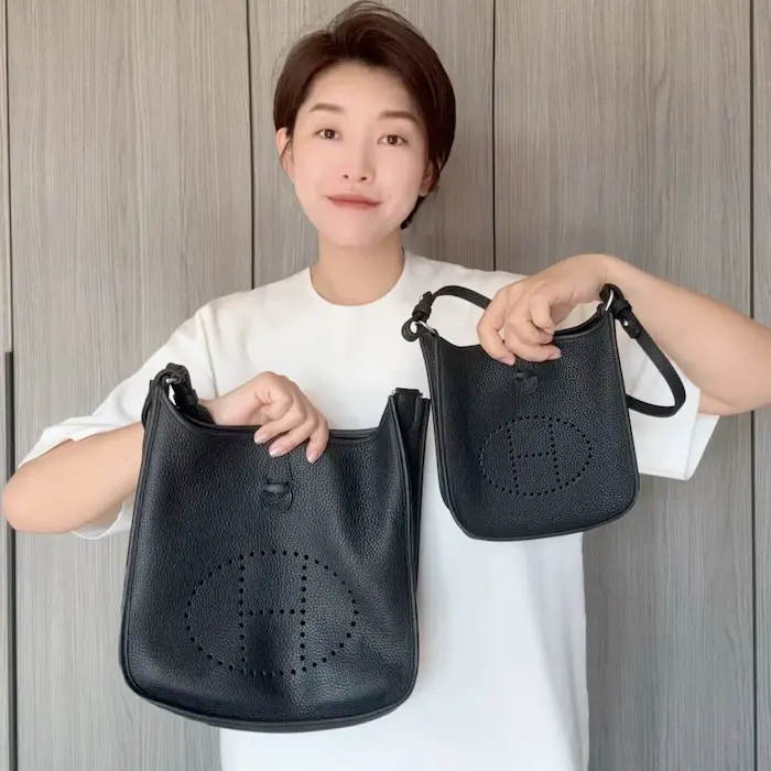 Black Hermes Evelyne replica size comparison: 29cm vs compact 16cm TPM