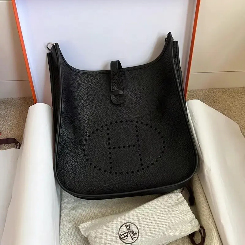 Classic Black Clemence leather Hermes Evelyne 29 replica unboxing with hardware closeup