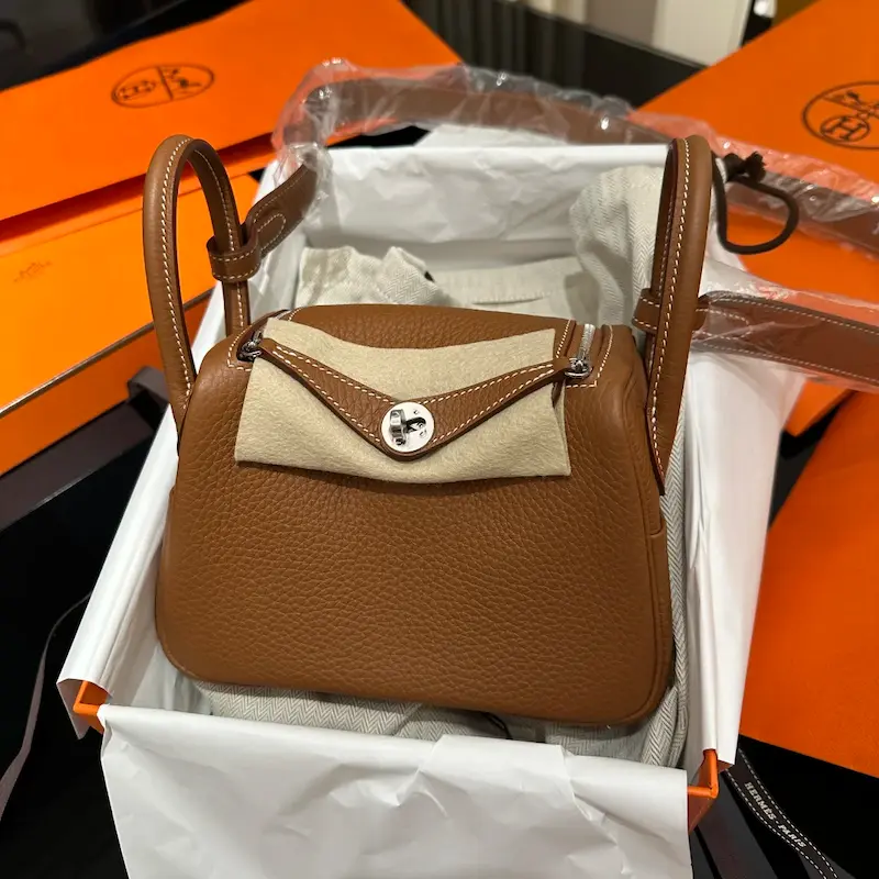 Unboxing replica Hermes Lindy 19 in Gold Brown Clemence leather