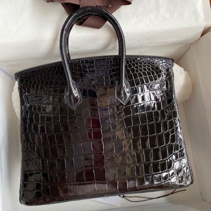 Replica Hermes Replica Handbag Store 25 Back Detail - Black Crocodile Texture Replica Hermes Black Crocodile Replica Handbag Store 25 Bag Back View - Genuine Leather Craftsmanship