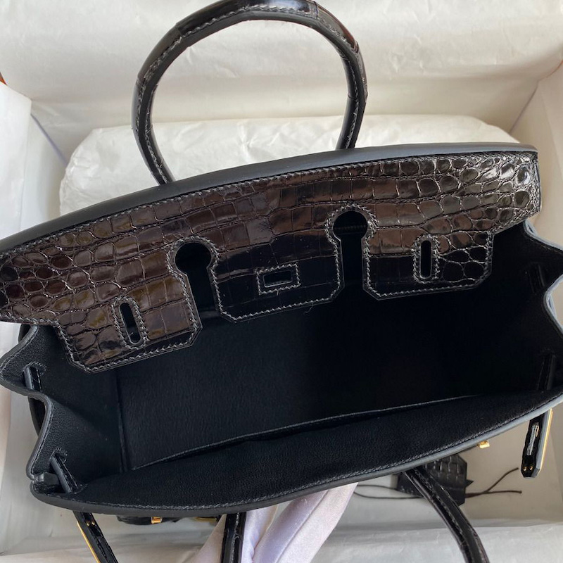 Inside Replica Hermes Crocodile Replica Handbag Store 25 Bag Replica Hermes Replica Handbag Store 25 Interior - Black Crocodile Lining & Organization