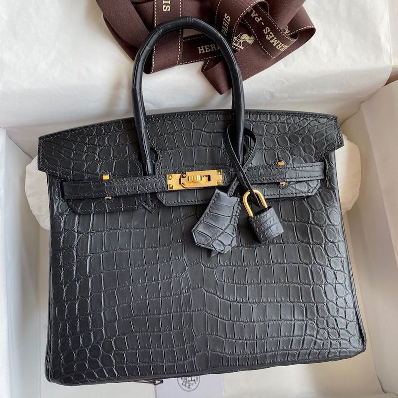 Matte Black Crocodile Replica Handbag Store 25 Replica - Hermes Design Replica Hermes Matte Black Crocodile Replica Handbag Store 25 Bag - Sophisticated Texture