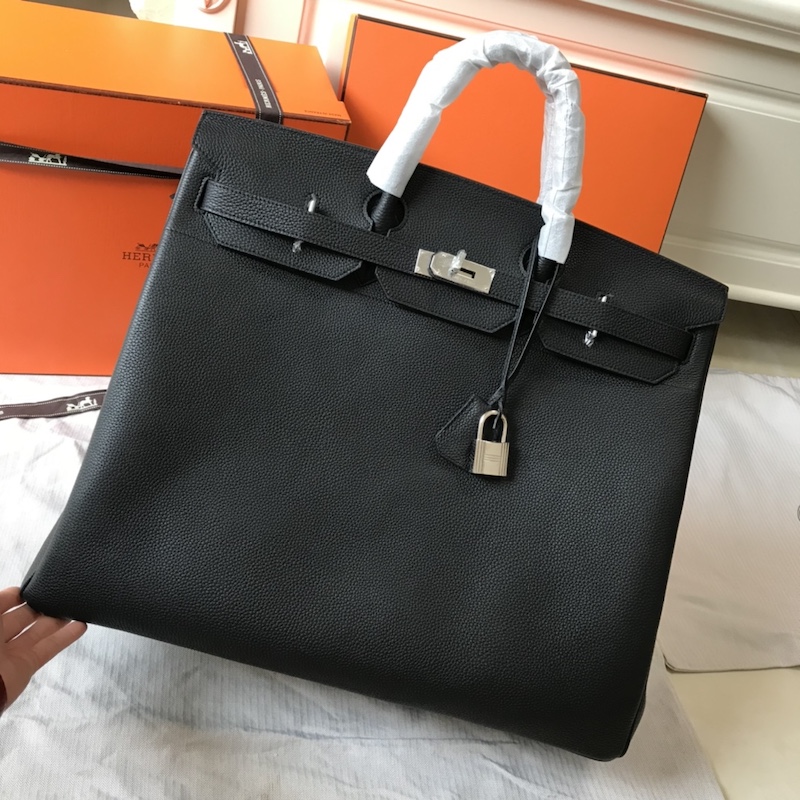 Black Hermès Replica Handbag Store 50cm replica front view with palladium hardware and leather grain texture