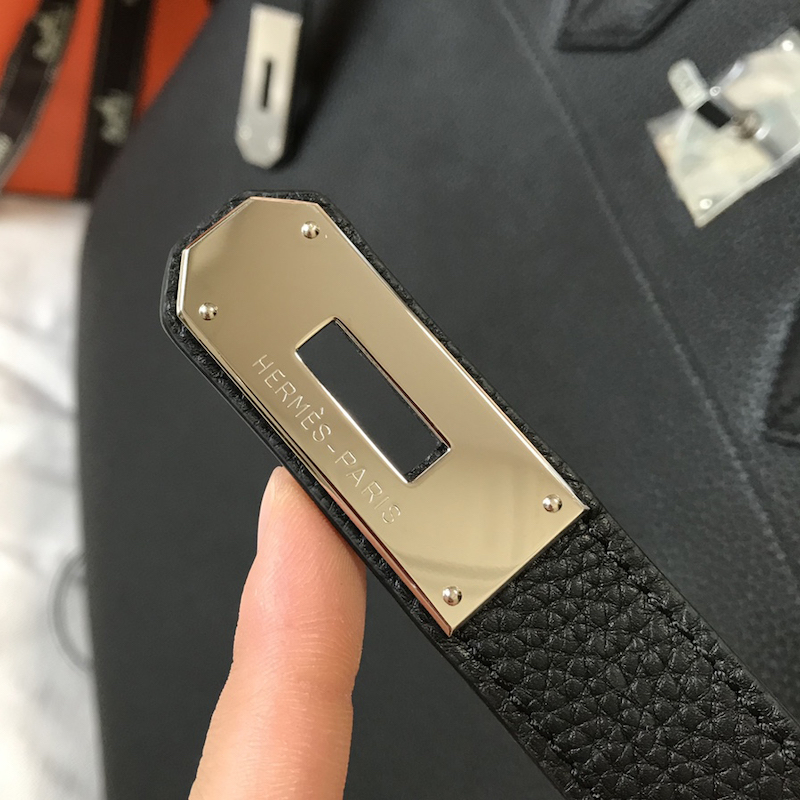 Open black Replica Handbag Store 50cm replica interior showing fabric lining, pockets and leather stamp