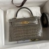 Hermes Kelly Mini II Bag 19cm in Gris Tourterelle Shiny Alligator Leather