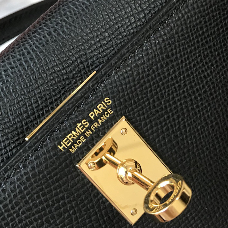 Close-up of authentic Hermès Paris hot stamp on replica Kelly 19cm Epsom leather