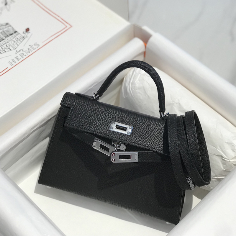 front view of replica hermes kelly 19cm in black epsom leather with silver hardware