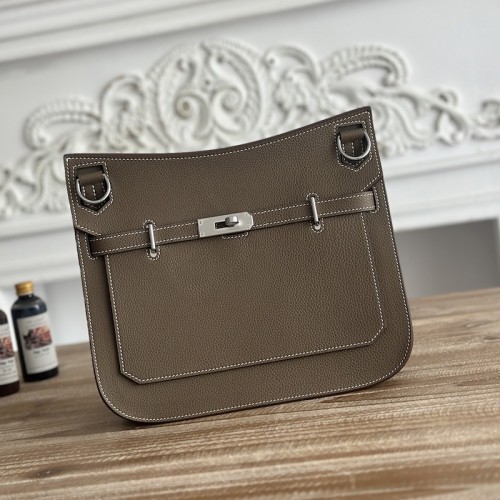 Replica Hermes Jypsiere 28 Bag in Etoupe Togo leather with crossbody design.