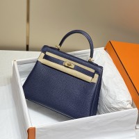 Replica Hermes Kelly 25cm Clemence Deep Blue Replica Hermes Kelly 25cm