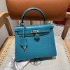 Hermes Kelly 25 Handmade Bag In Bleu Paon Crocodile Niloticus Matte Skin