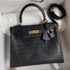 Hermes Kelly 25 Handmade Bag In Black Crocodile Niloticus Matte Skin