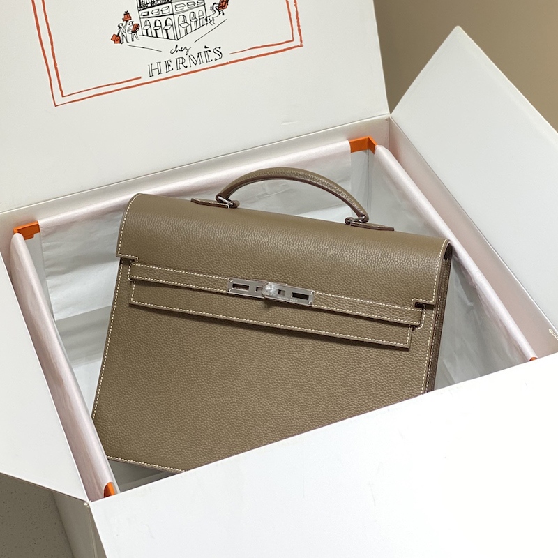 Replica Hermes Kelly Depeche 34 Briefcase in Etoupe Grey calfskin leather presentation