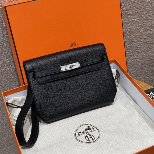 Replica Hermes Kelly Depeches 25 Pouch - Black Calfskin