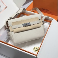 Replica Hermes Kelly Messenger Bag in Gris Perle Evercolor leather with palladium hardware.