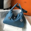 Hermes Lindy 26cm 30cm Bag in Clemence Leather Blue Jean PHW