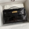 Hermes Mini Kelly Pochette 22cm Bag In Black Shiny Alligator Leather GHW