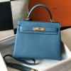 Hermes Kelly 32cm Bag in Clemence Leather Blue Jean